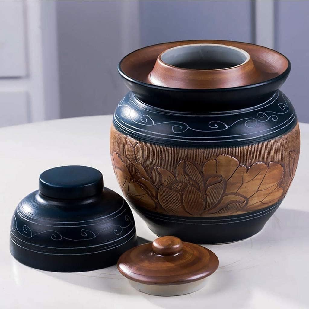 Traditional Chinese Porcelain Pickle Jar, Carved Lotus Ceramic Fermentation Crock Pickling Pot,Fermenting Jar with Water Seal Airlock Lid Stoneware Fermenter for Kim S Jar