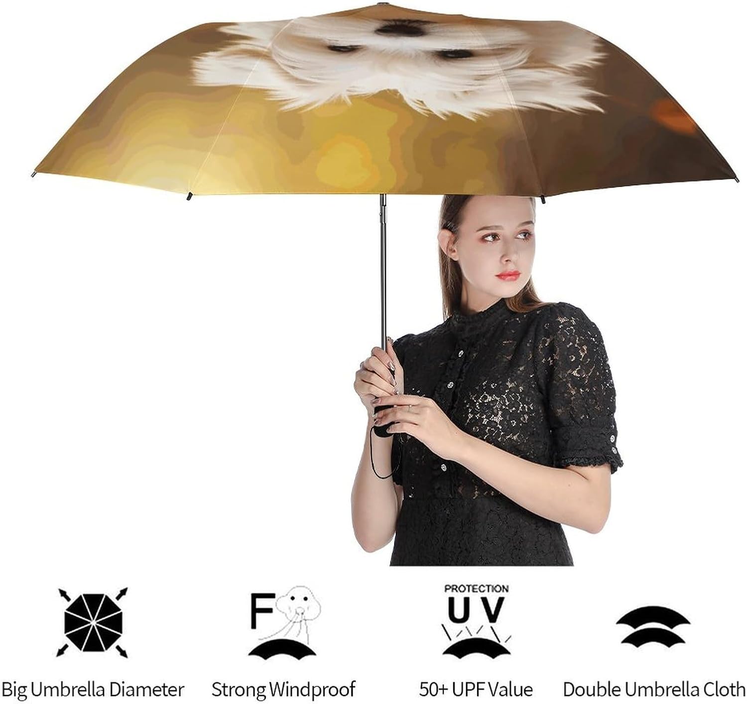 Leaves And White Dog Automatic Golf Umbrella Folding Umbrella | Windproof Travel Umbrella Portable Compact Umbrella with Storage Pouch for Golf Backpack Men Women