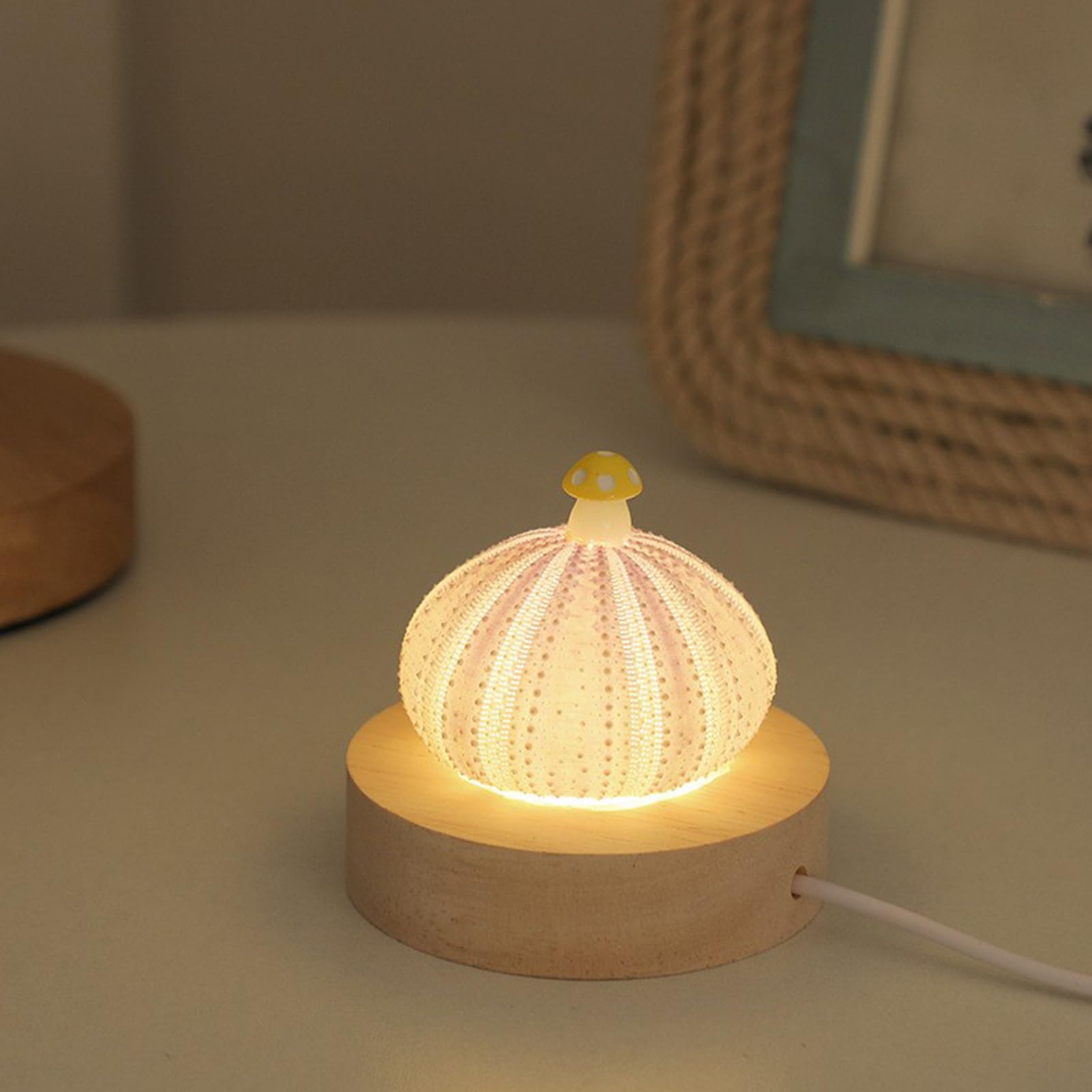 NLDGR Sea Urchin Night Light, Nightstand Lamp, Mushroom Lamp, Shells Sea Urchin Lamp with Glass Cover and Wooden Base, Beach Themed Desktop Ornament Gift, for Women Children (Single