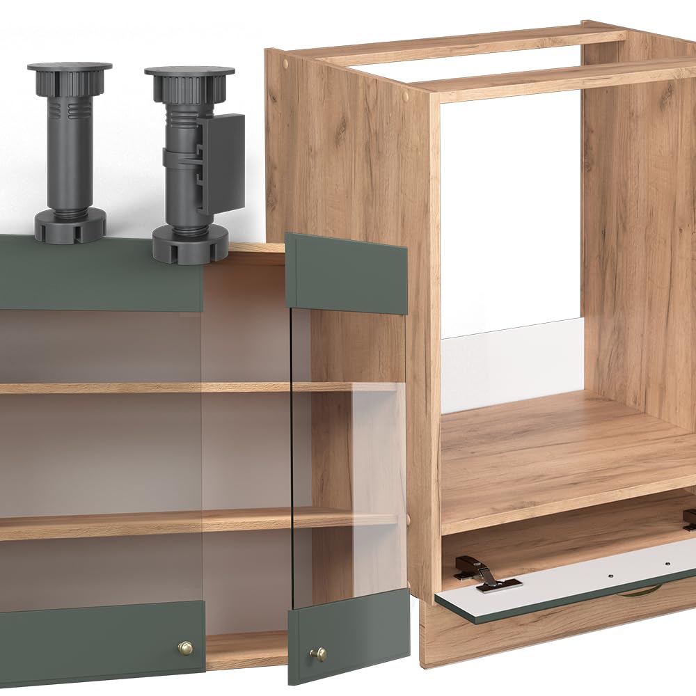 Vicco Cuisine en Angle Fame-Line Vert Or Campagne/Chêne doré 287x227 cm | 14 Modules · Pieds réglables en hauteur · Sans plan de travail · Façades en MDF · Softclose · Poignées en métal