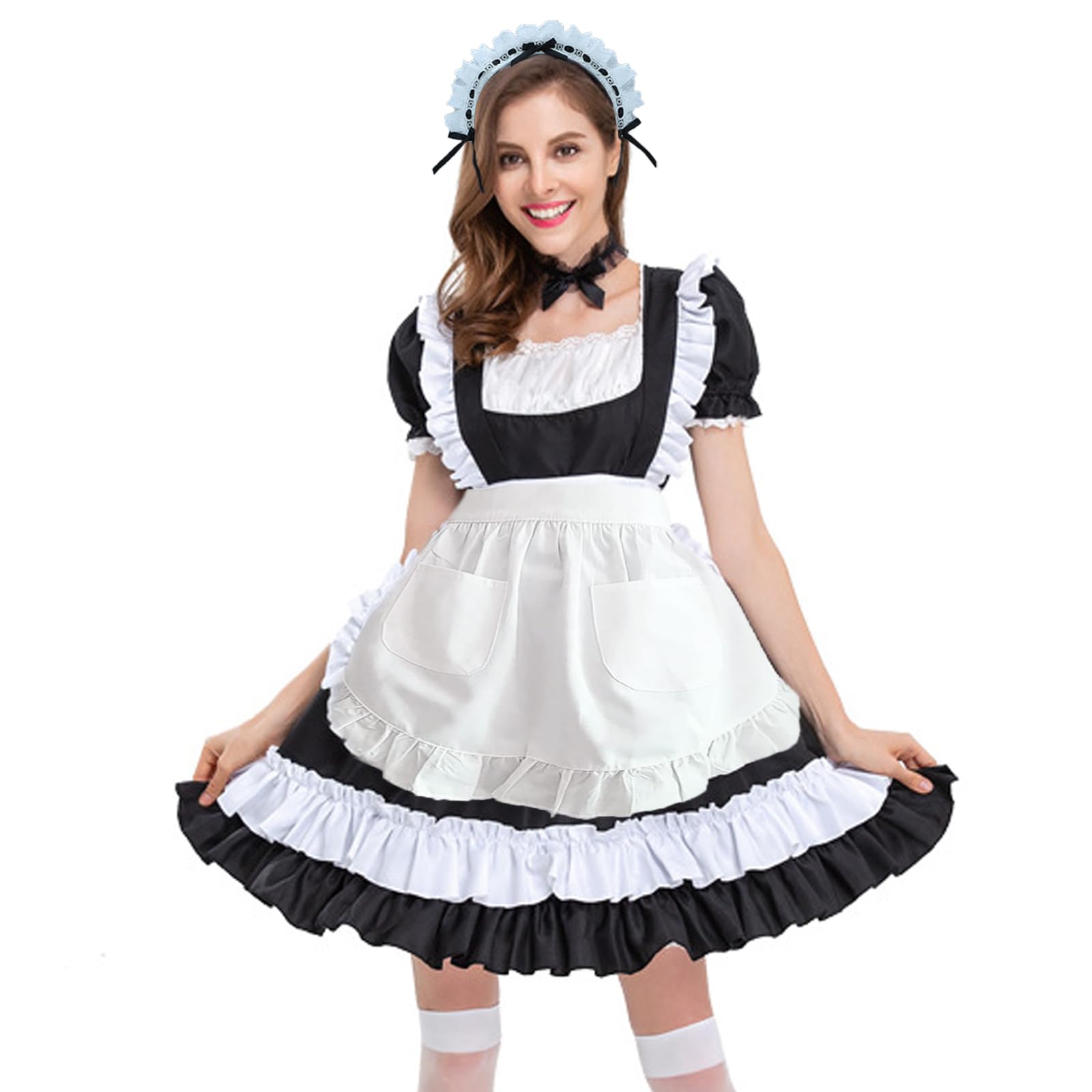 Faxianther Maid Costume Headband Apron Set, 2Pcs Lolita Cosplay Roleplay Lace Bowknot Hairband White Waist Apron - Image 3