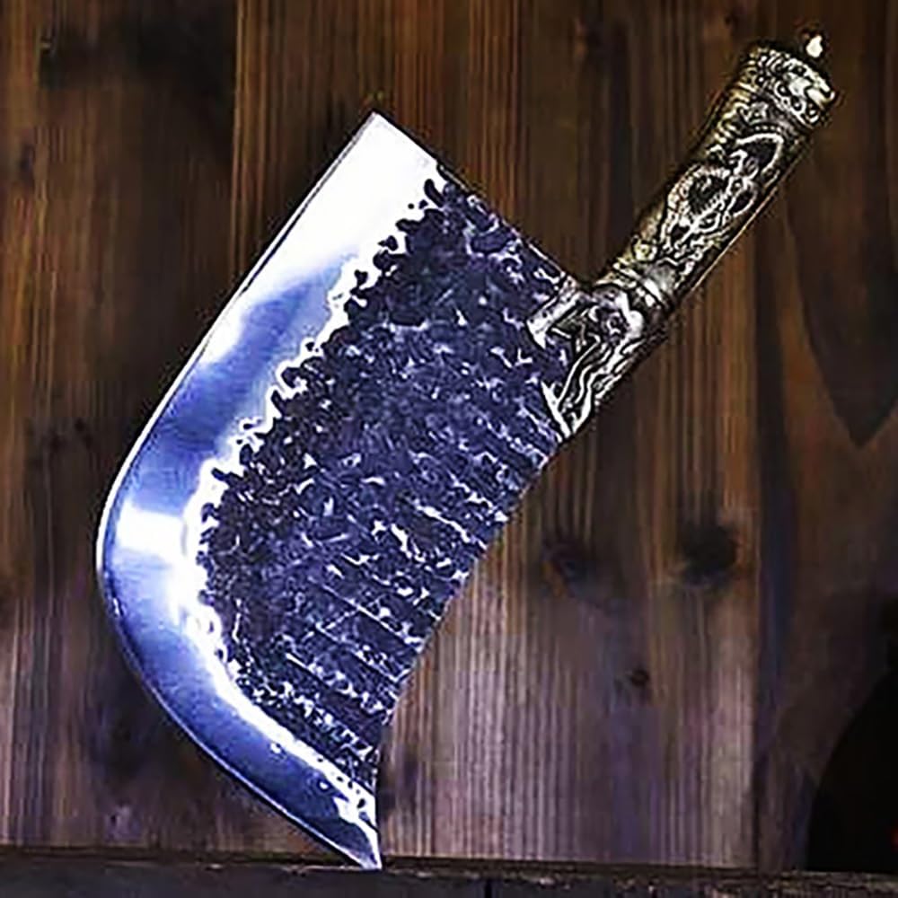 Meat Cleaver,Cleaver Knife, 8.3 Inch Hatchet Machete Hand Forged Big Bone Chopper 7Cr17MoV Steel Butcher Kitchen Knives Copper Dragon Decor