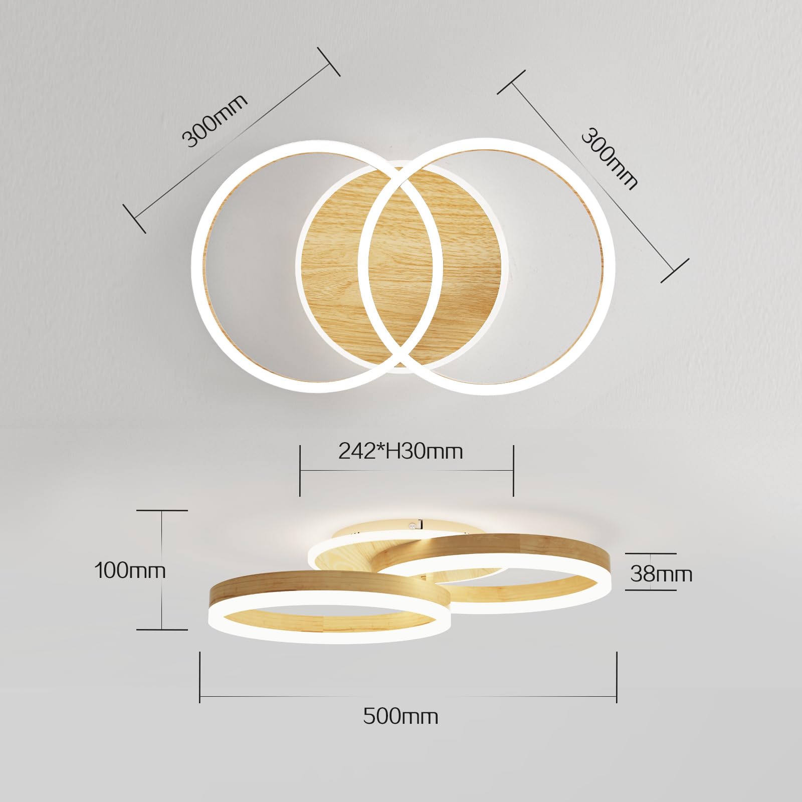 Plafón LED Salón 2 Anillos φ50 cm, 36 W Lámpara de Techo Moderna Regulable con Mando a Distancia, de Metal+Acrílico, para Sala de Estar, Dormitorio, Comedor -Imitación Madera