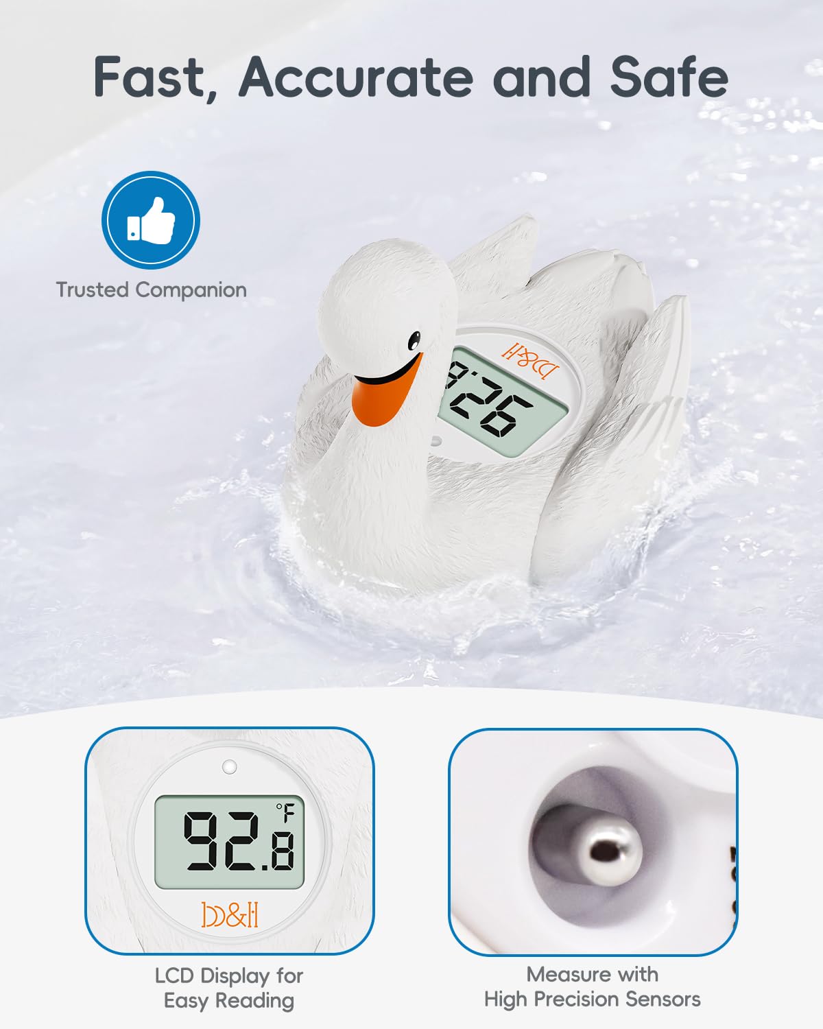 b&h Baby-Badethermometer, weißes Schwanenförmiges Babysicheres, schwimmendes Badethermometer – leicht ablesbarer Bildschirm – zuverlässige Temperaturmessungen, Neugeborene müssen haben und
