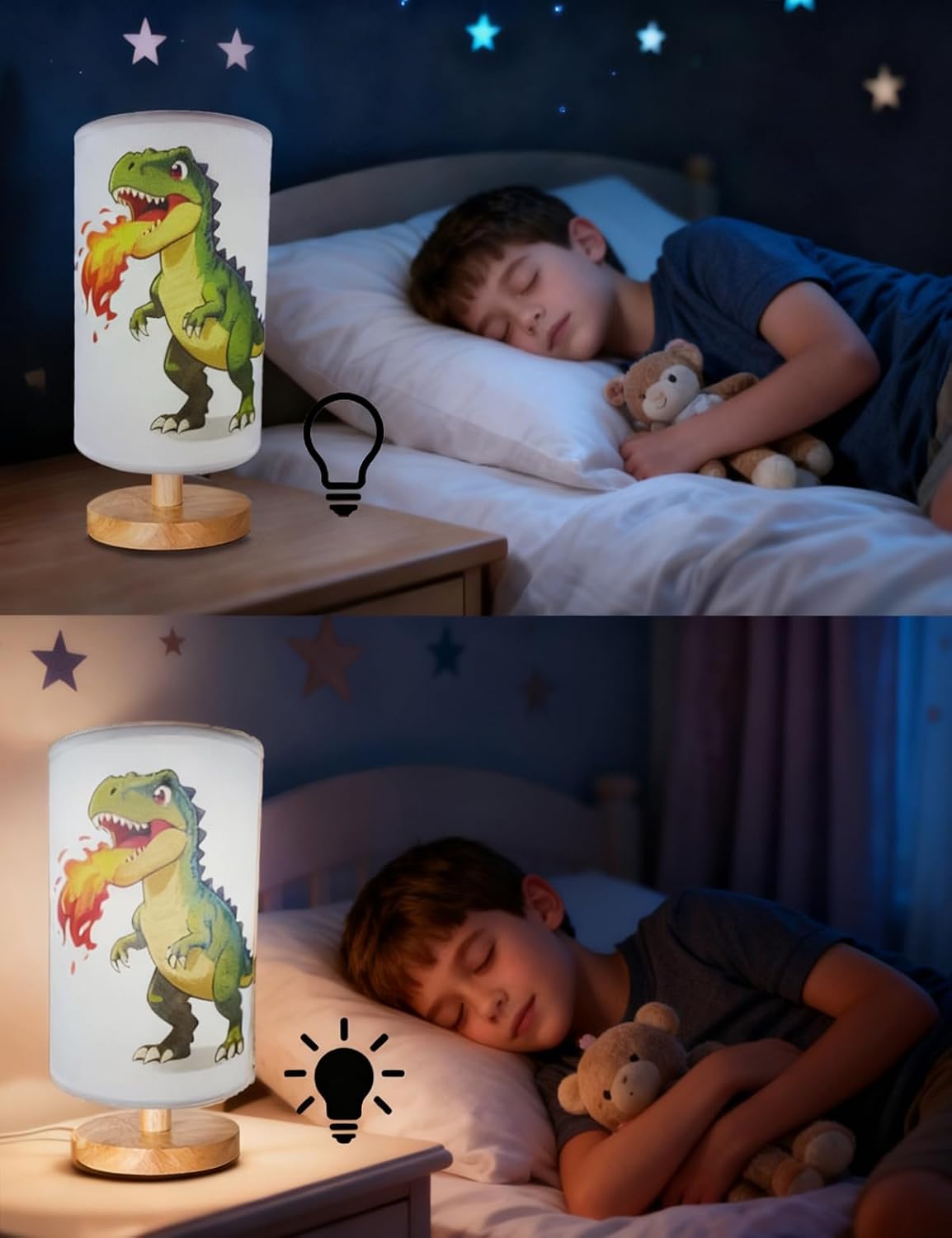 Dinosaur Lamp Kids Lamps for Bedrooms Boys, 3 ColorsNightstand Light Lamp, Round Wood Base Flaxen Fabric Desk Lamp for Kids Room, Dino Lamp Gift for Boy (LED Bulb Included) (Dinosaur)