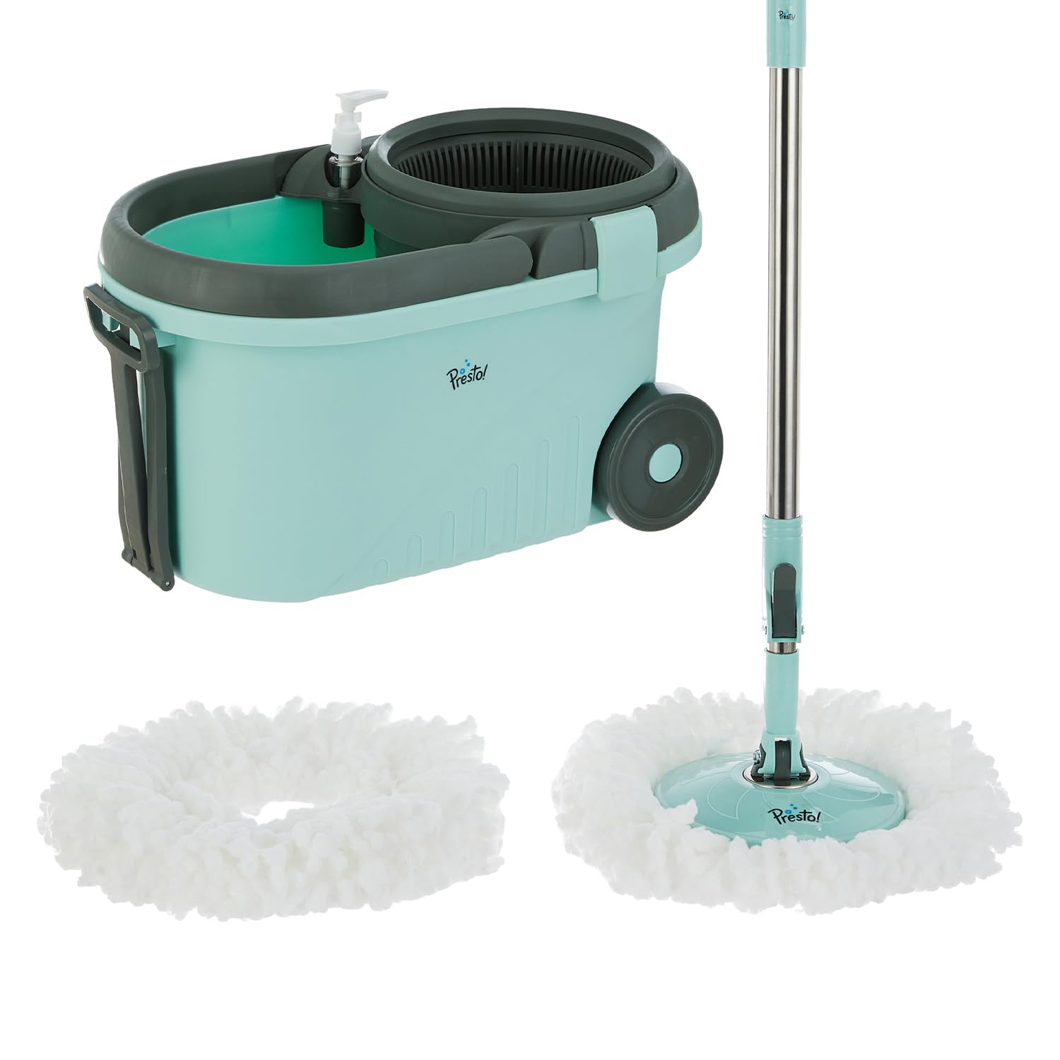 Amazon Brand – Presto! Clean Plastic Spin Mop | Durable Plastic Build with 2 Microfiber Refills | Big Wheels & Drag Handle | 360° Spin Mop with Telescopic Handle | Green discount deal