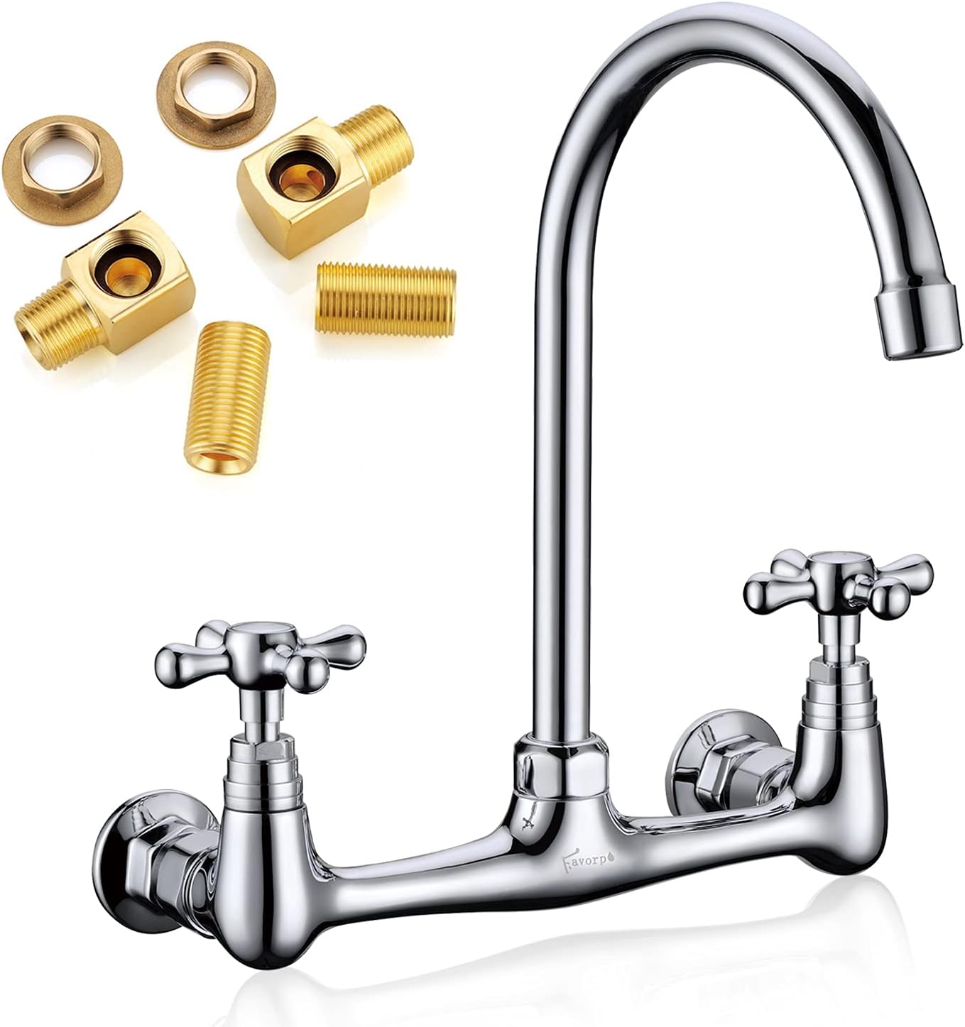 Commercial Brass Wall Mount Faucet, 2 Handles, 8 Inches Center, 360 Swivel, Polished Chrome, for Kitchen Sink
