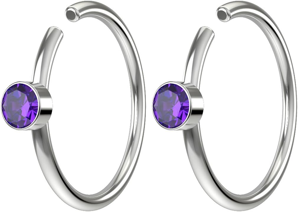Bling Piercing 2pc 20g 0.8mm Crystal Fake Nose Bar Clips 8mm Hoop Ring Hypoallergenic Stainless Steel CZ Amethyst