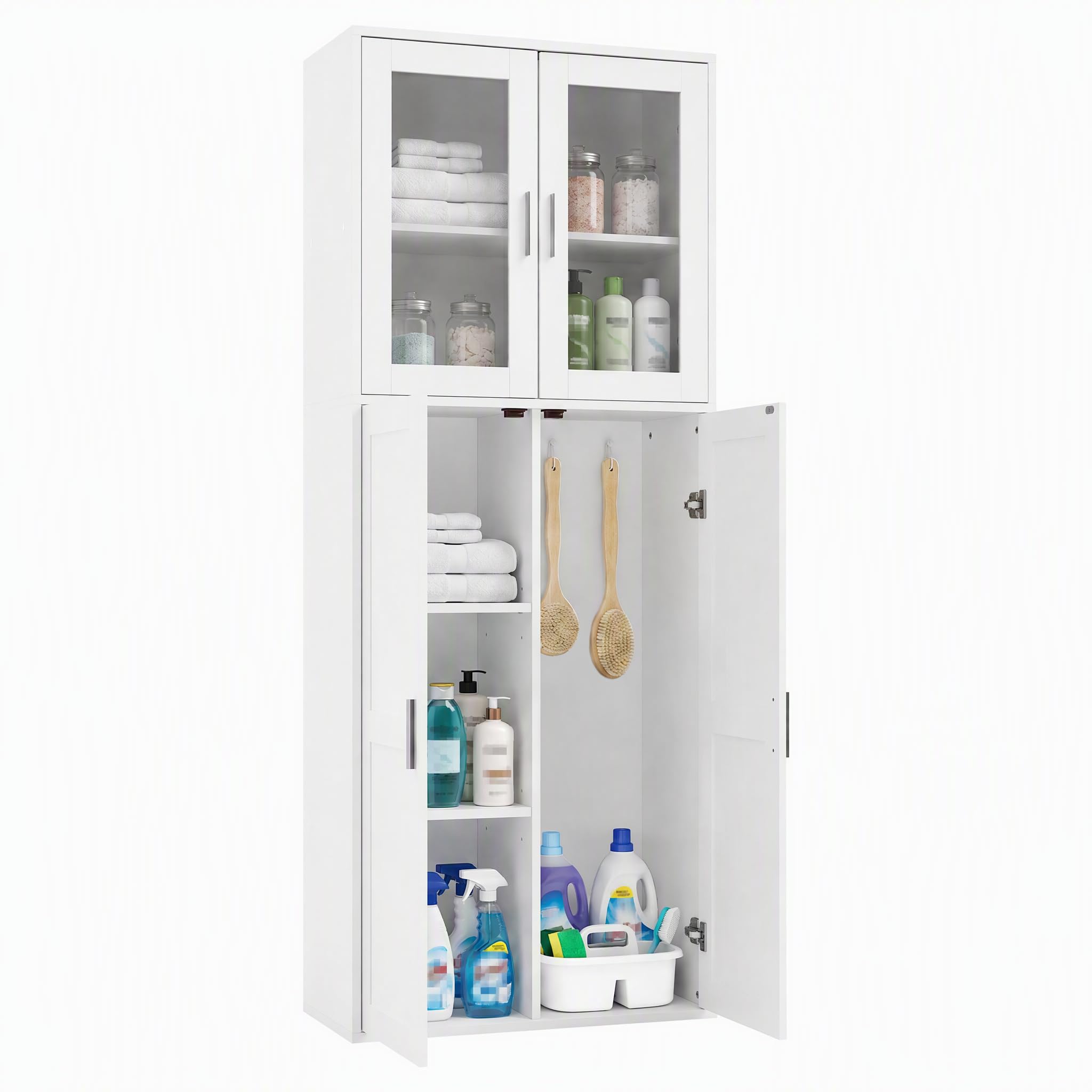1 Pieza Armario de Cocina, Armario Escobero Exterior para Escobas Aparador Alto Estante con Puertas y Estante Ajustable Armarios para Baño/Cocina/Sala de Estar/Comedor/Pasillo/Blanco/65×30×165CM