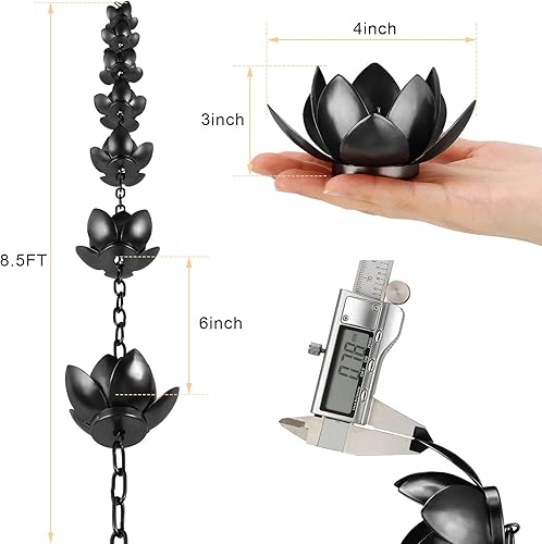Miniatura 6 de OAK LEAF Cadena de lluvia, cadena de loto para canaletas exteriores con adaptador, copas de cadena de lluvia para reemplazar canalones, desviar el