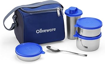 SOPL-OLIVEWARE Milano Lunch Box, Leak Proof, 3 Stainless Steel Containers with BPA Free Lids (300ml, 450ml, 600ml), Steel Spoon & Tumbler (400ml), Fabric Bag - Blue