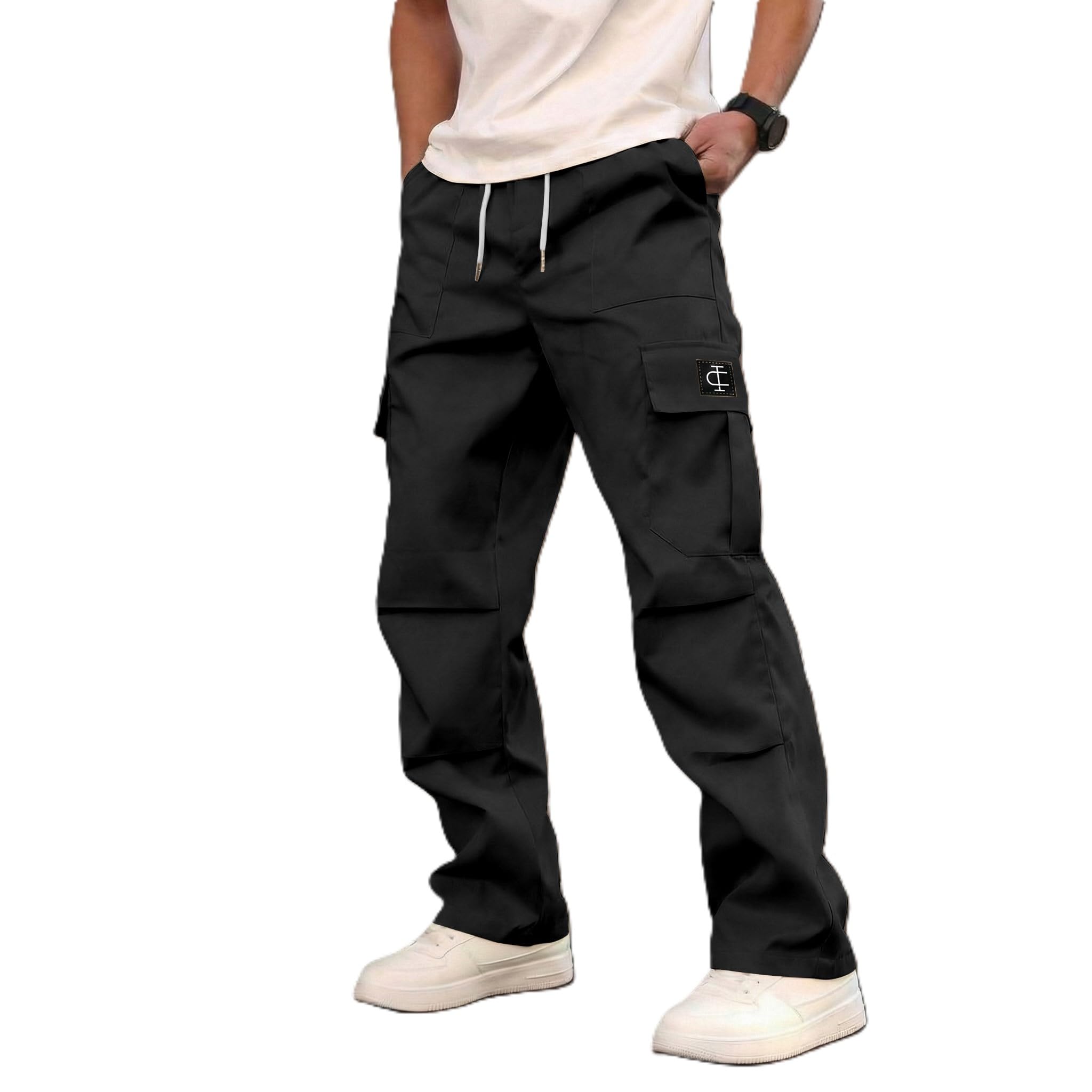 indiclub Men's Cargo Pants with Drawstring, Straight Leg, Side Pockets, Casual Streetwear-picture-45