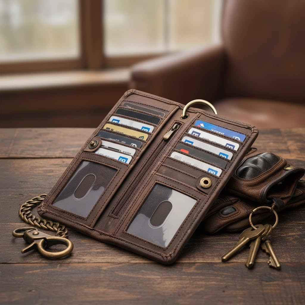 CLASSIC Motorcycle Chain Wallet for Men – Premium Cowhide Leather, RFID Bi-Fold Biker Wallet for Bikers Truckers & Hunters, Credit Card Money Organizer Long Wallet Crazy Horse Brown Vintage Chain