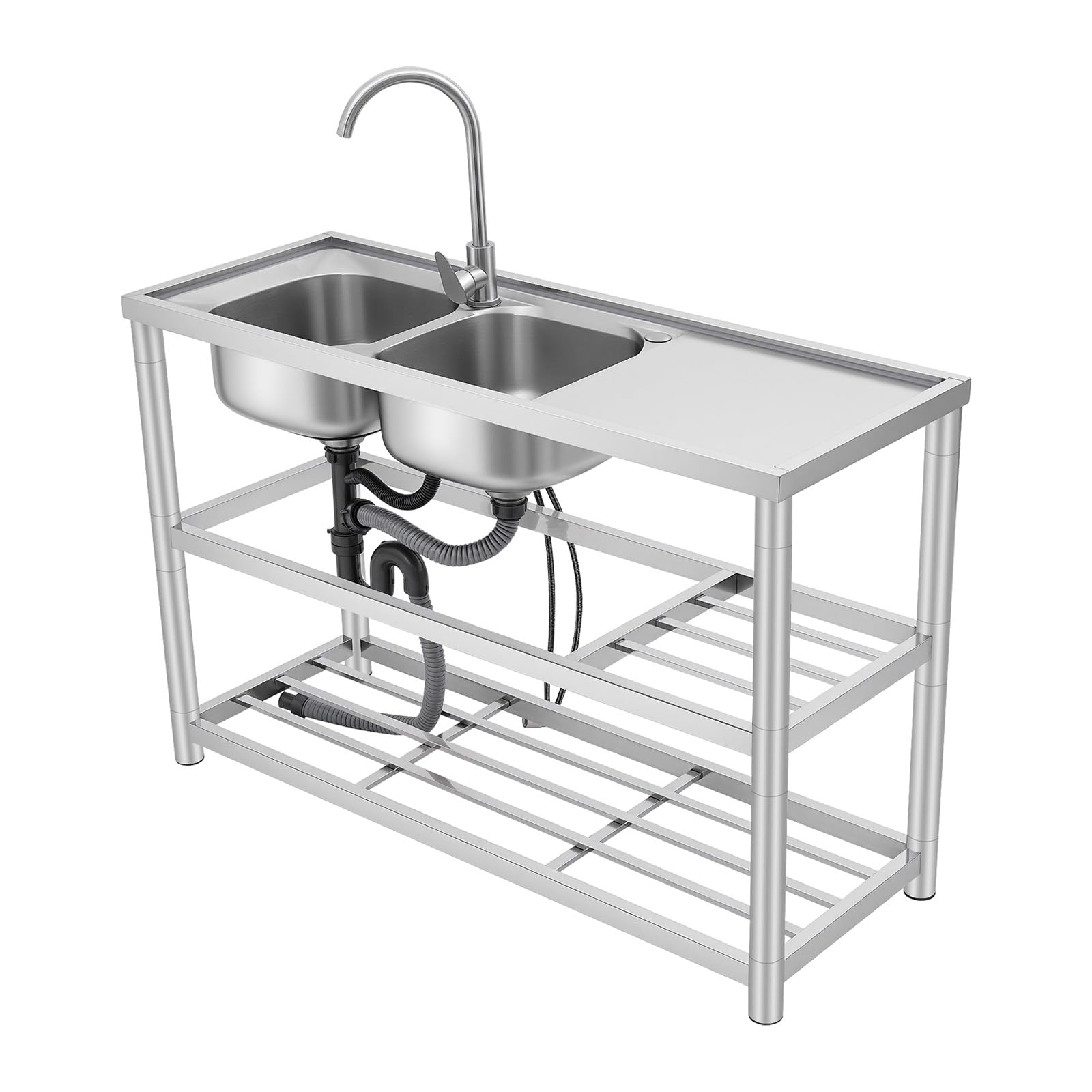 Lavabo indipendente in acciaio inox, doppia ciotola, mobile per catering, con ripiano, per uso commerciale, con rubinetto a freddo, per appartamenti, ristoranti, 120 x 45 x 80 cm