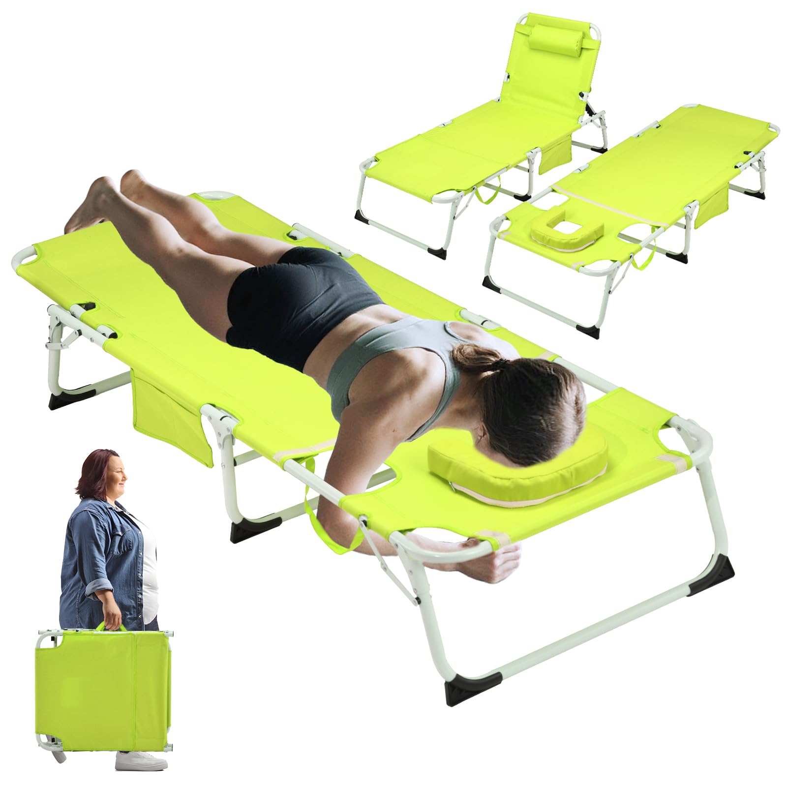 XMT 3-in-1 Tanning Chair with Face Hole for Outside, 5-Position Reclining & Head Cushion – Portable Folding Beach Lounge Chairs for Pool, Lawn, Yard (