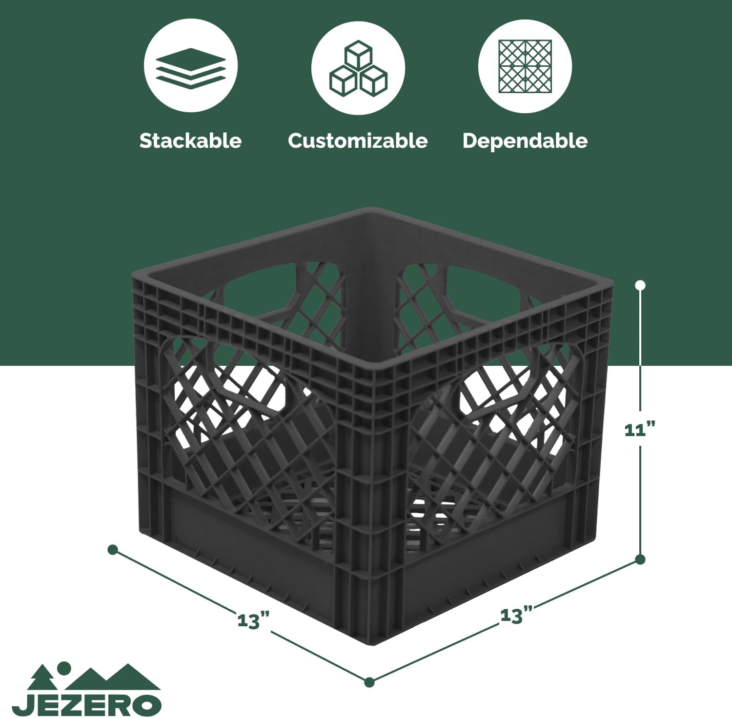 JEZERO Standard Duty Milk Crate | Everyday Storage Solution for Garage, Pantry & Multi Use | Durable Plastic Construction | 13" x 13" x 11", Black, 4-Pack image 2