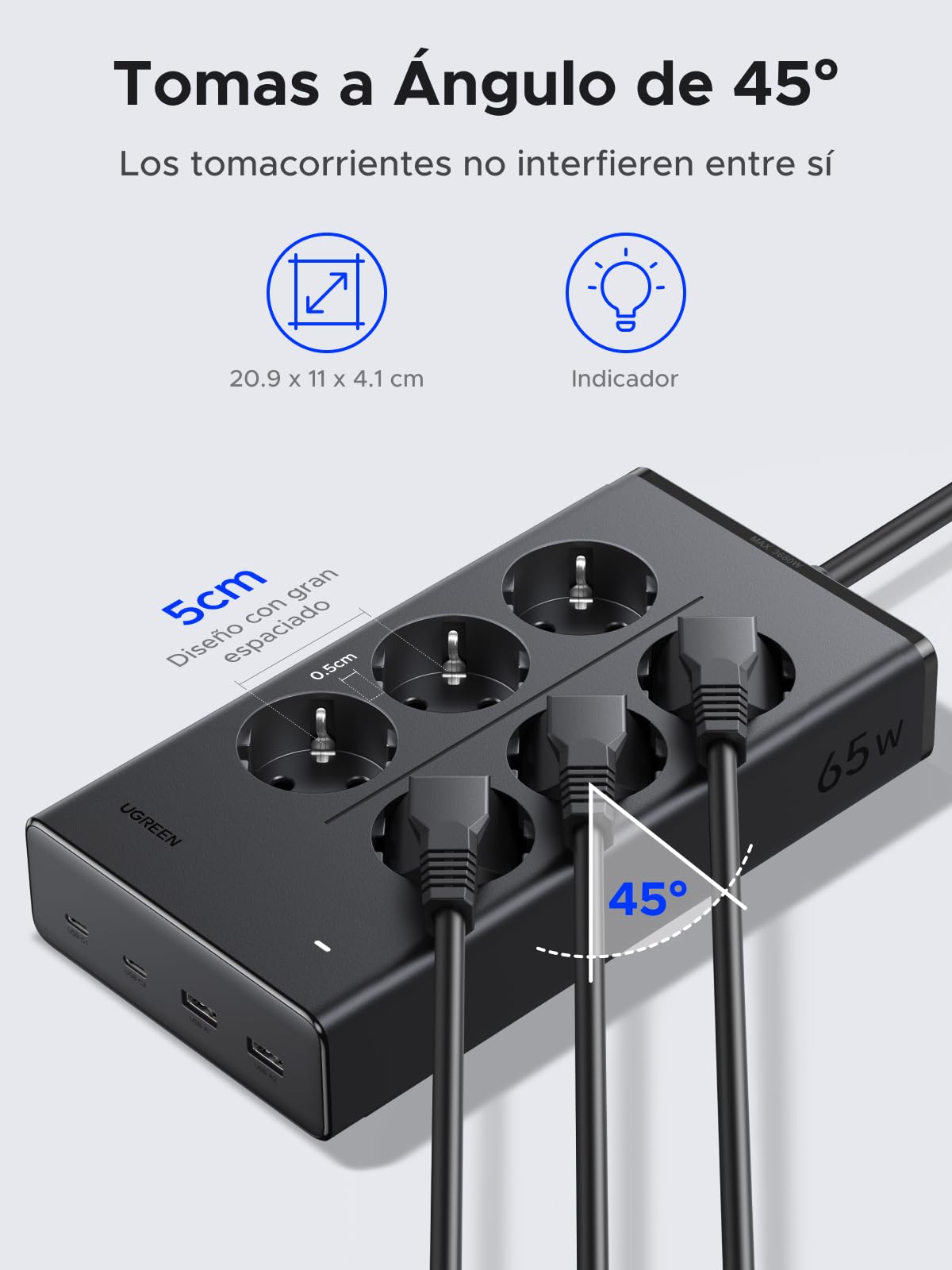 UGREEN 10 EN 1 Regleta Enchufe PD 65W USB C Multiple 6 Tomas AC 3680W 16A | 2 USB-C 2 USB-A, 1.6M Extension Negro, Interruptor, Power Strip GaN Inteligente Ladron Plano, Proteccion Sobretension Oficina