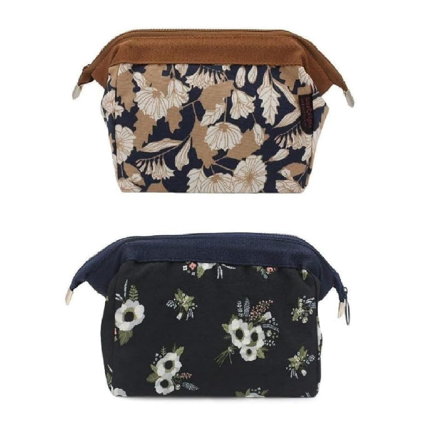 Cosmetic Toiletry Makeup Pouch with Portable Travel Multipurpose Water-Resistant Zipper Makeup Brush Bags (2 Pcs Flamingo) (Brown and Blue Flower)-DBJH0-image-27