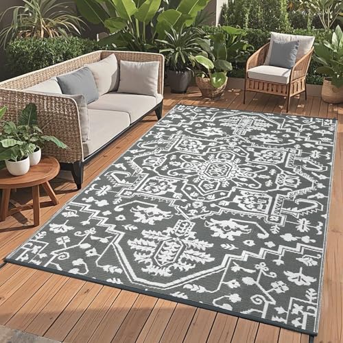 COZYLOOM 9x18 Outdoor Rug, Waterproof Camping Rugs for Outside Your RV, Traditional Floral Plastic Straw Rug with Portable Bag, Reversible Oriental Ma