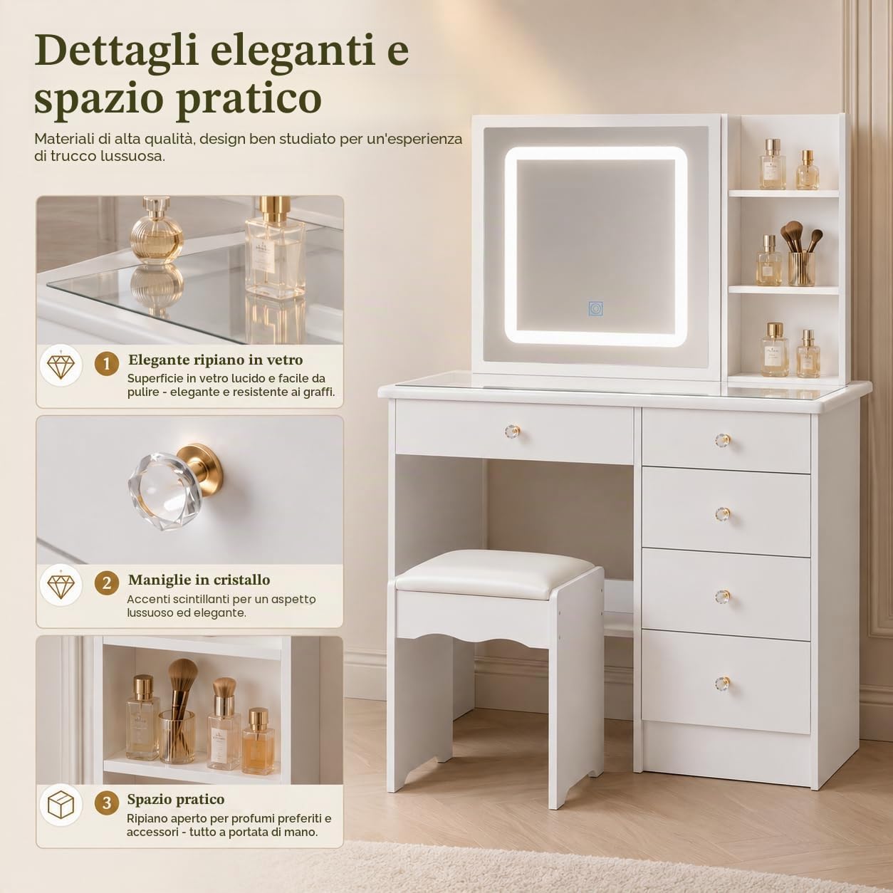 Tavolo da Toeletta Con Grande Piano in Vetro, Illuminazione a 3 Colori, Specchio e Sgabello - 5 Cassetti e 4 Ripiani - Bianco
