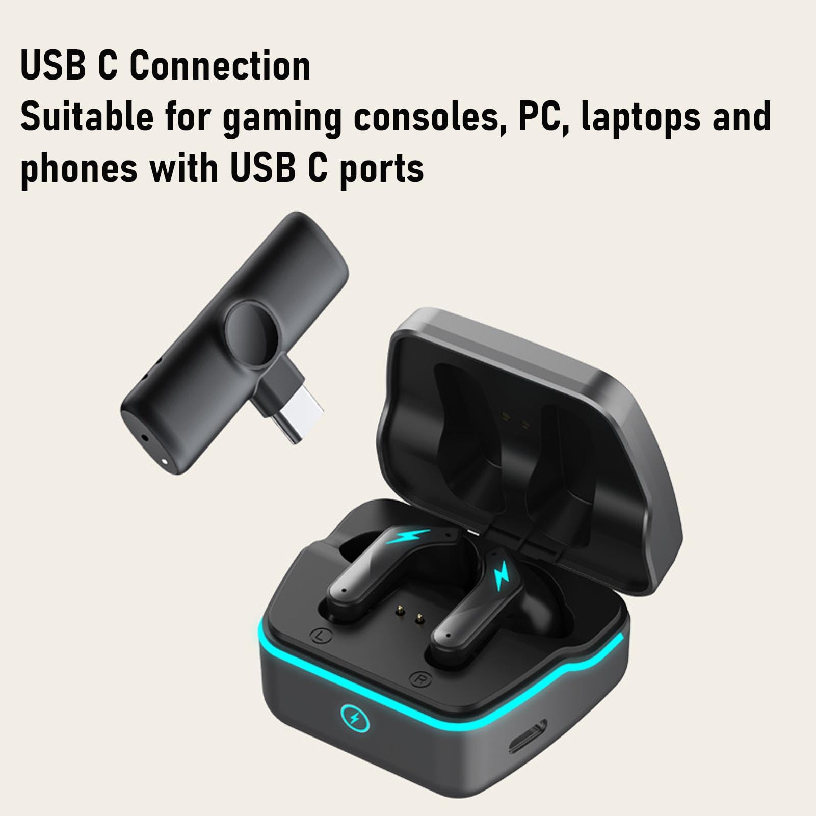 Bewinner Auricolari da Gioco Wireless, Adattatore USB C Bluetooth 5.3 a Basso Contenuto di Auricolari a Bassa Latenza con Pc con Console VR (BLACK)