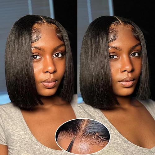 Bob Wig Human Hair Wear and Go Glueless Bob Wigs Human Hair Pre Plucked Pre Cut 4x4 HD Lace Closure Wig Short Straight Bob Human Hair Wigs for Black Women Upgraded No Glue Bob Wig 180% Density 10 Inch