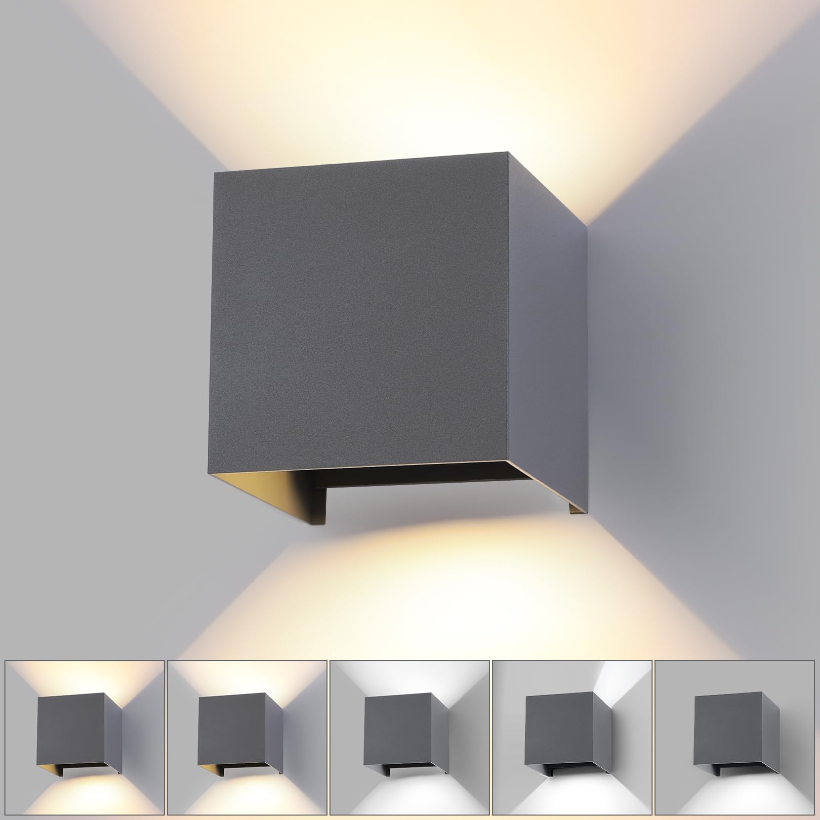 wisdom line Wandleuchte Innen & Aussen 1er Set mit Auf- und Abwärtslicht, 15W LED 3 Farbtemperaturen, IP65 Wasserdicht, Lichtwinkel 0-120° stufenlos verstellbar, in Dunkelgrau