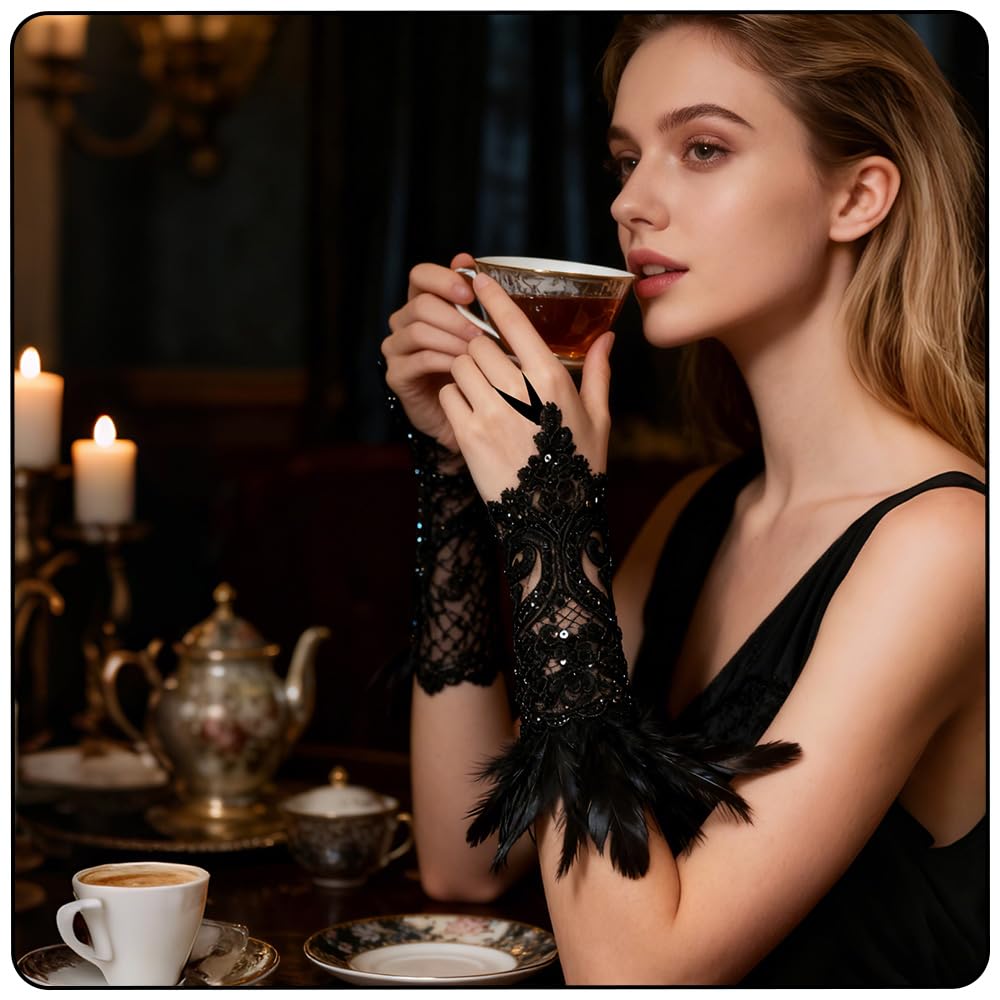 ZSUIQIN 1 Pair Feather Wrist Cuffs,Feather Gloves,Long Lace Fingerless Gloves,Suitable for Bonfire Nights Celebrations - Image 3