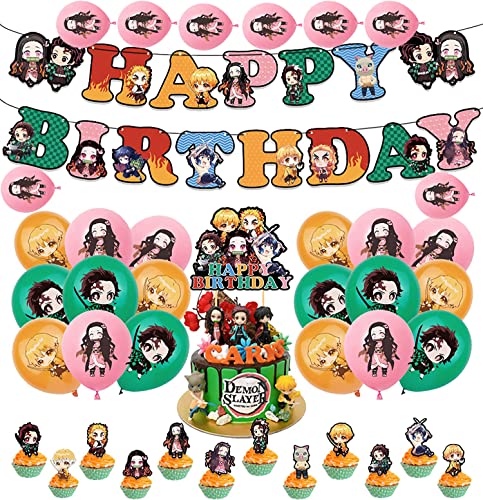 Decoración de Cumpleaños Demon Slayer Globos de Fiesta Pancarta de Feliz Cumpleaños Adorno para Tarta Remolinos Colgantes para Niños Kimetsu No Yaiba Suministros de Fiesta de Cumpleaños Decoracion Cover