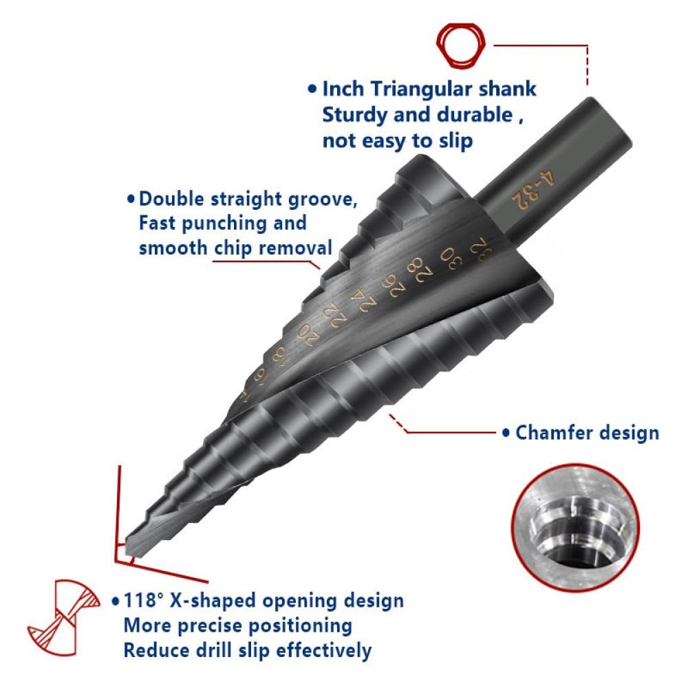 Punta per trapano a gradino Trapano per metallo 4-12/20/32mm 6-30mm Punta per trapano a cono in cobalto per legno/metallo Utensile per foratura di fori in legno/metallo, set da 3 pezzi senza borsa