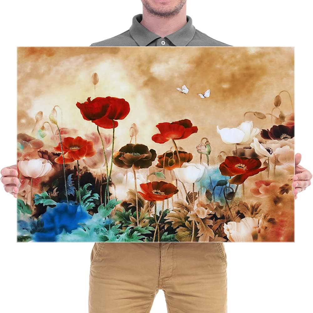 Wieco Art Giclee Canvas Prints Wall Art Blooming Poppies Modern Gallery Wrapped Grace Contemporary Flowers Artwork Colorful Floral Pictures Paintings Ready to Hang for Bathroom Home Decorations
