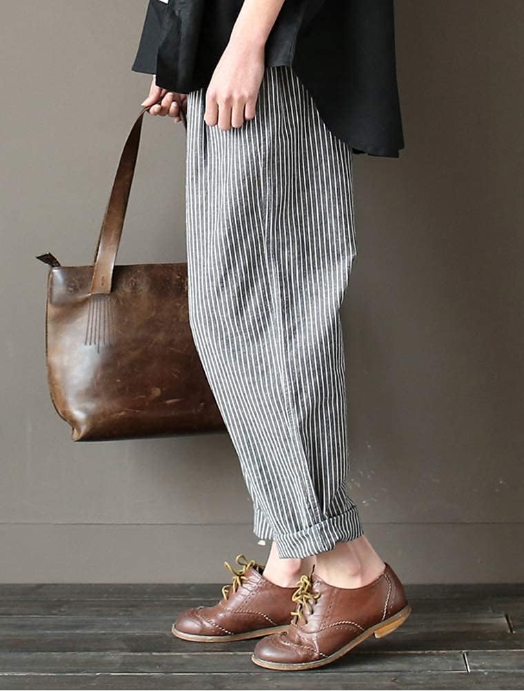 Minibee Women's Wide Leg Harem Pants Cotton Linen Striped Casual Palazzo Pants with Pockets - Image 2
