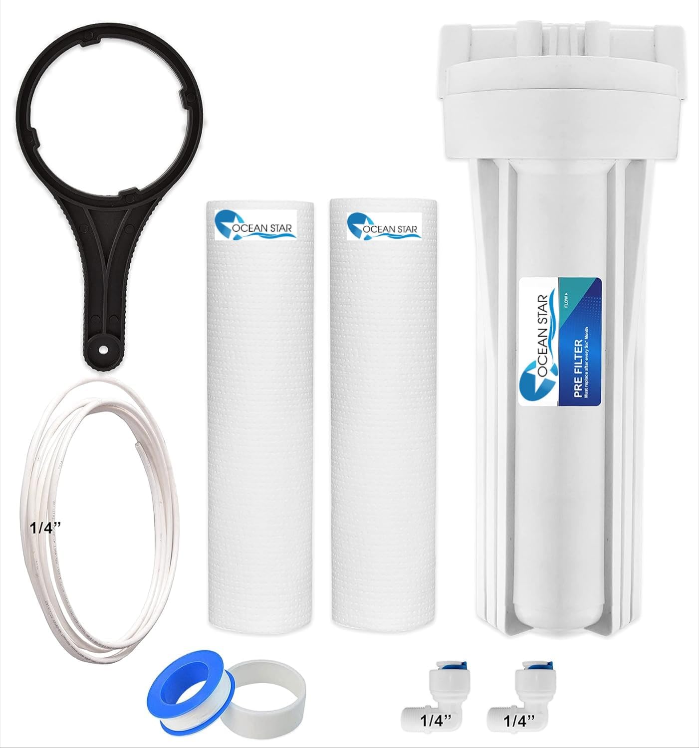 Ocean Star Pre-Filter Housing Kit for RO Water Purifiers | Includes 2 Spun Filters, 1/4" Pipe 5 Mtr, Spanner, Teflon Tape, and Connectors | Compatible with All Domestic RO Models (White)-image-45