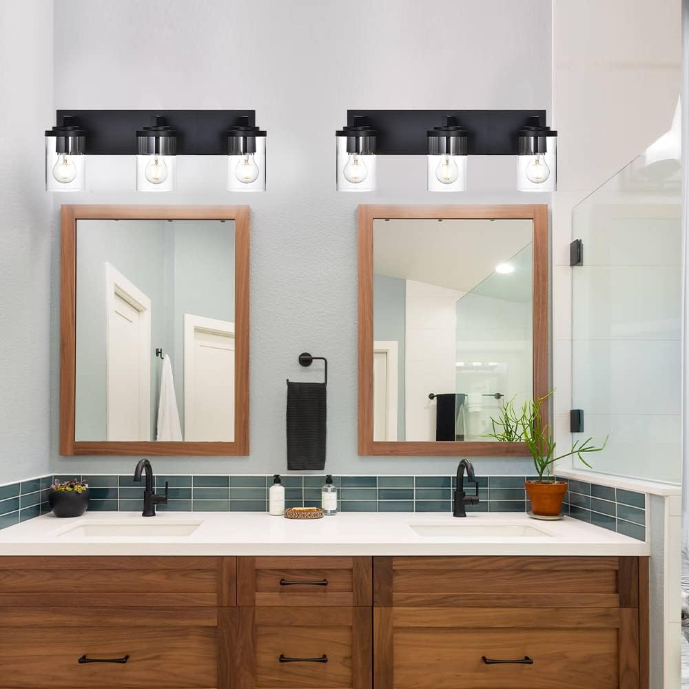 BONLICHT Modern 3-Light Vanity Light Fixture Black Bathroom Wall Light Over Mirror with Clear Glass Shade, Rustic Vintage Wall Sconce Lighting Farmhouse Wall Mounted Lamp for Powder Room Hallway Black 3 Lights Wall