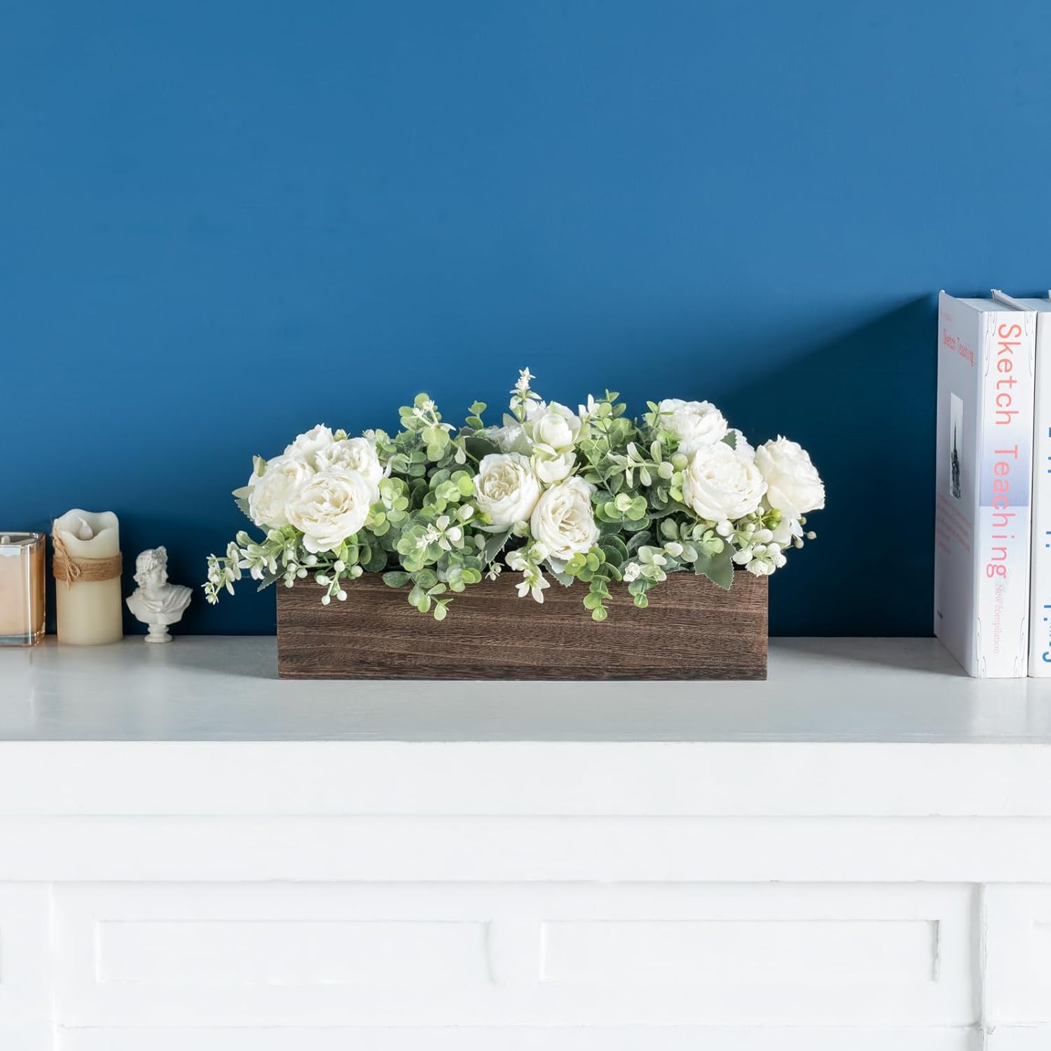 Dahey Centerpiece Table Decorations for Dining Room Farmhouse Living Room Table Centerpieces Decor Wood Tray with 3 Artificial Flowers and 2 Eucalyptus for Kitchen Table, 14.1" x 4.7" x 3.1", White - Image 3