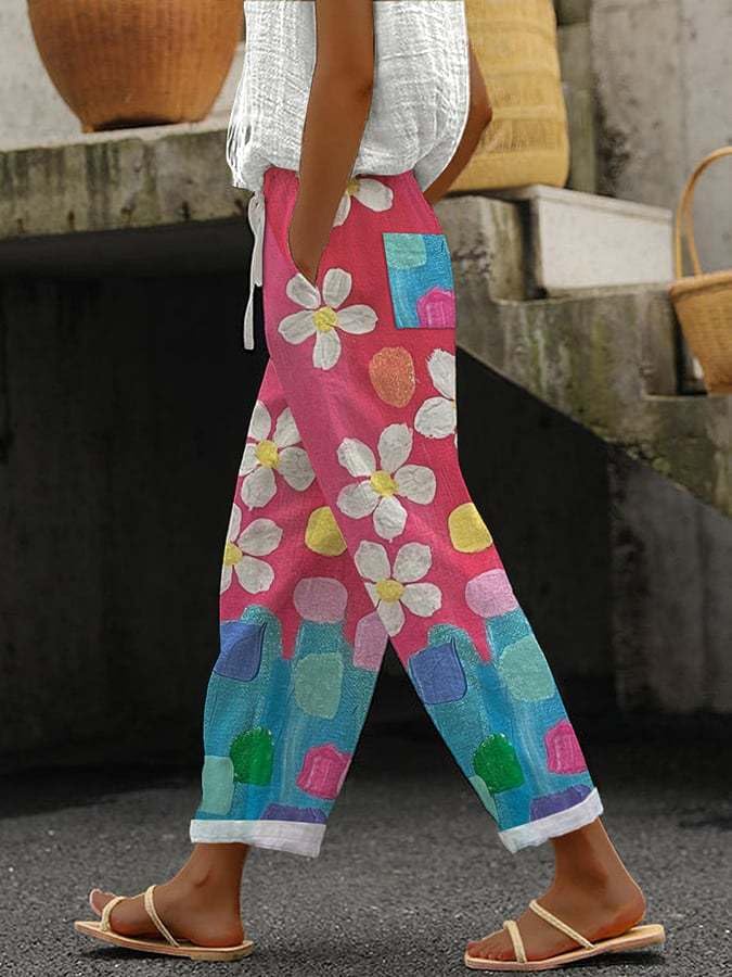 Womens Floral Cotton Linen Pants Casual Boho Drawstring Elastic Waist Straight Leg Summer Capri Pants with Pockets2