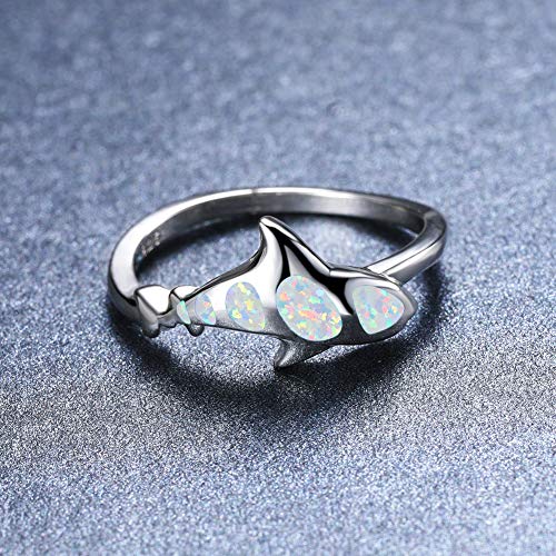 Bamos Shark Ring, 14K White Gold Plated Animal Rings Fish Ring Mounted With Opal For Women Girls Men Boys, Save A Shark Ring, Size 6 7 8 9 10 (White Opal, 7) #TOP2