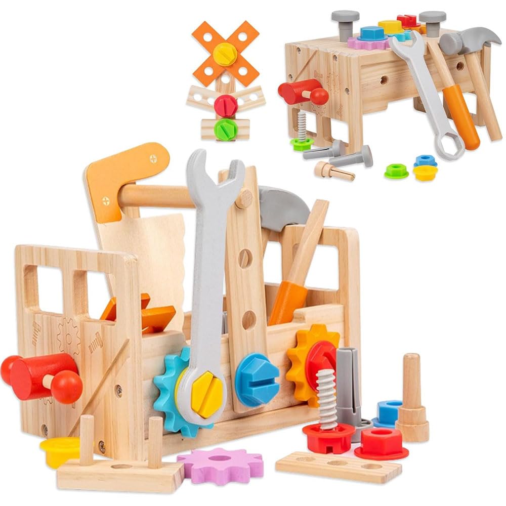 Wooden Tool Set for Kids, 29 Pieces, Educational Construction Toy with Toolbox, Montessori Learning Workbench, Toy for Boys and Girls STEM Ages 3 Years and Up