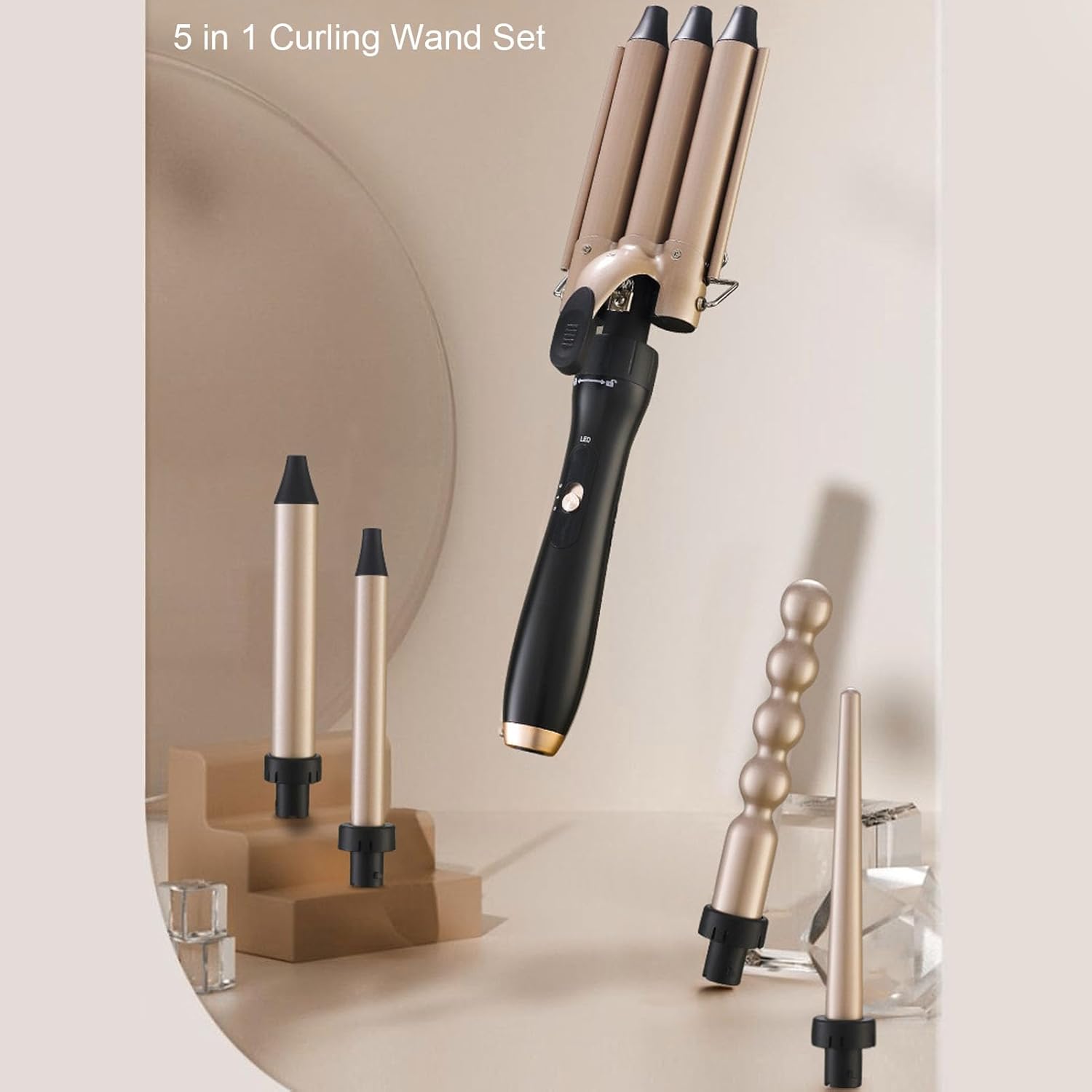 Asixxsix 5 in 1 Curling Wand Set, 60W Instant Heat Up Curling Iron Set with 3 Hair Crimper and 4 Interchangeable Ceramic Curling Wand Portable Hair Wand Curler for Women