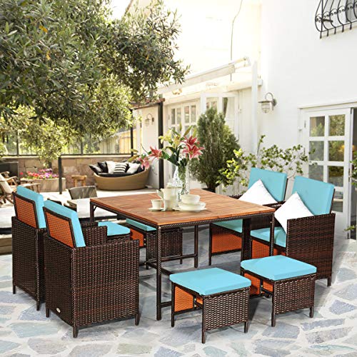 Tangkula-9-Pieces-Acacia-Wood-Patio-Dining-Set-Space-Saving-Wicker-Chairs-and-Wood-Table-with-Umbrella-Hole-Outdoor-Furniture-Set-Suitable-for-Garden-Yard-Poolside-Outdoor-Seating-SetTurquoise 61P3Vn9IfIL