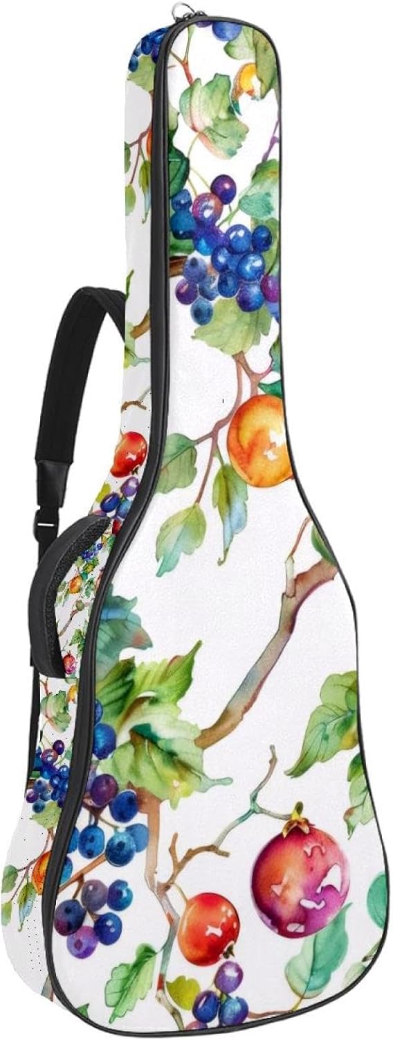 Acoustic Guitar Gig Bag 1 cm Thick Padding, Waterproof Electric Guitar Bag 40-42 Inch Guitar Case Backpack with Dual Shoulder Strap, Watercolor Fruits Plants Berries and Birds Pattern