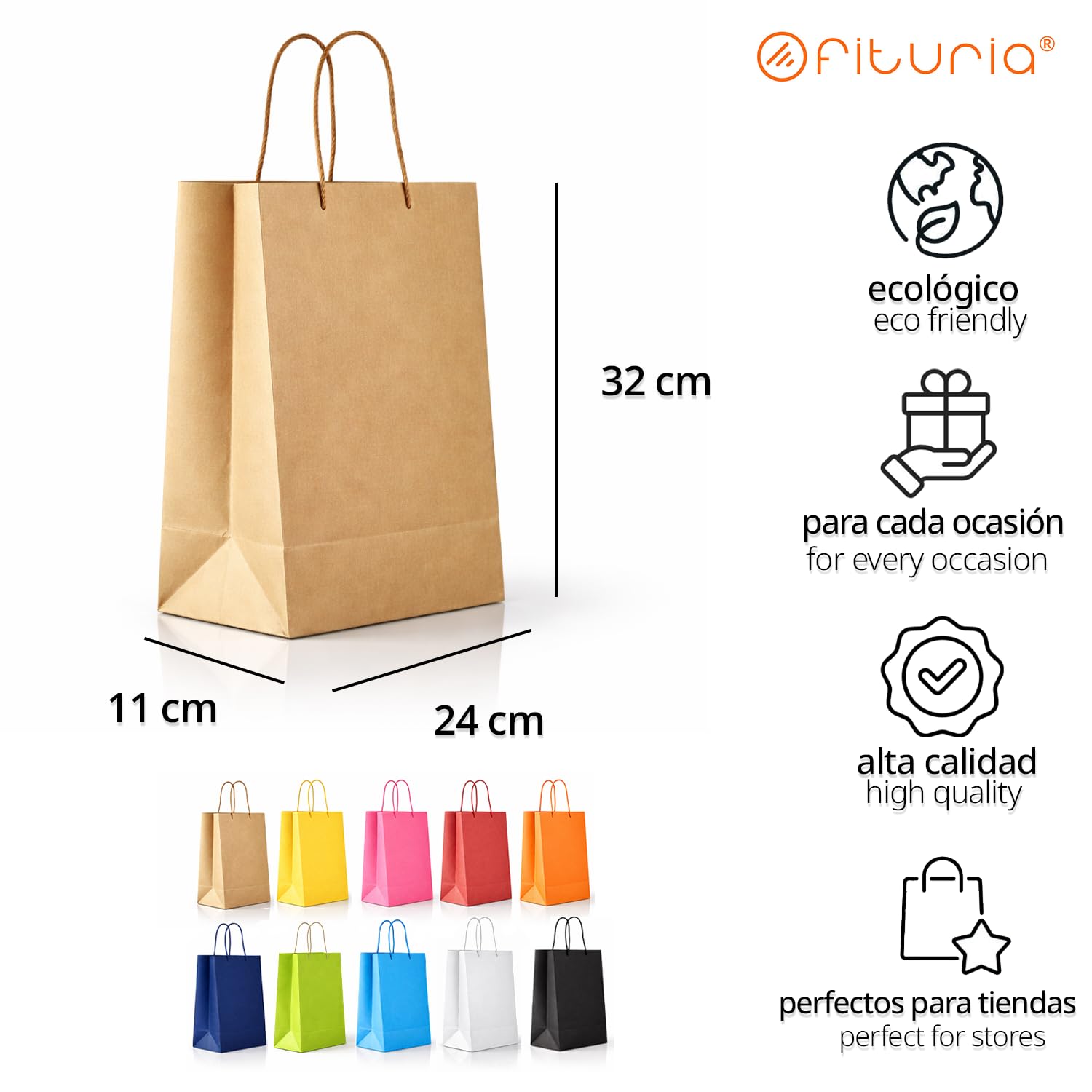 Borse di Carta Kraft M con Manici – 10 pz, Borse Resistenti e Riciclabili per Regali e Commercio – OFITURIA (24x11x32 cm, Kraft)