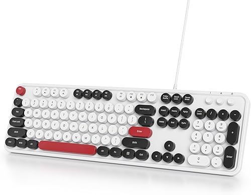 Miniatura 1 de Owpkeenthy Teclado de máquina de escribir con llave redonda retro con cable, tamaño completo, silencioso, Plug and Play USB con soportes plegables