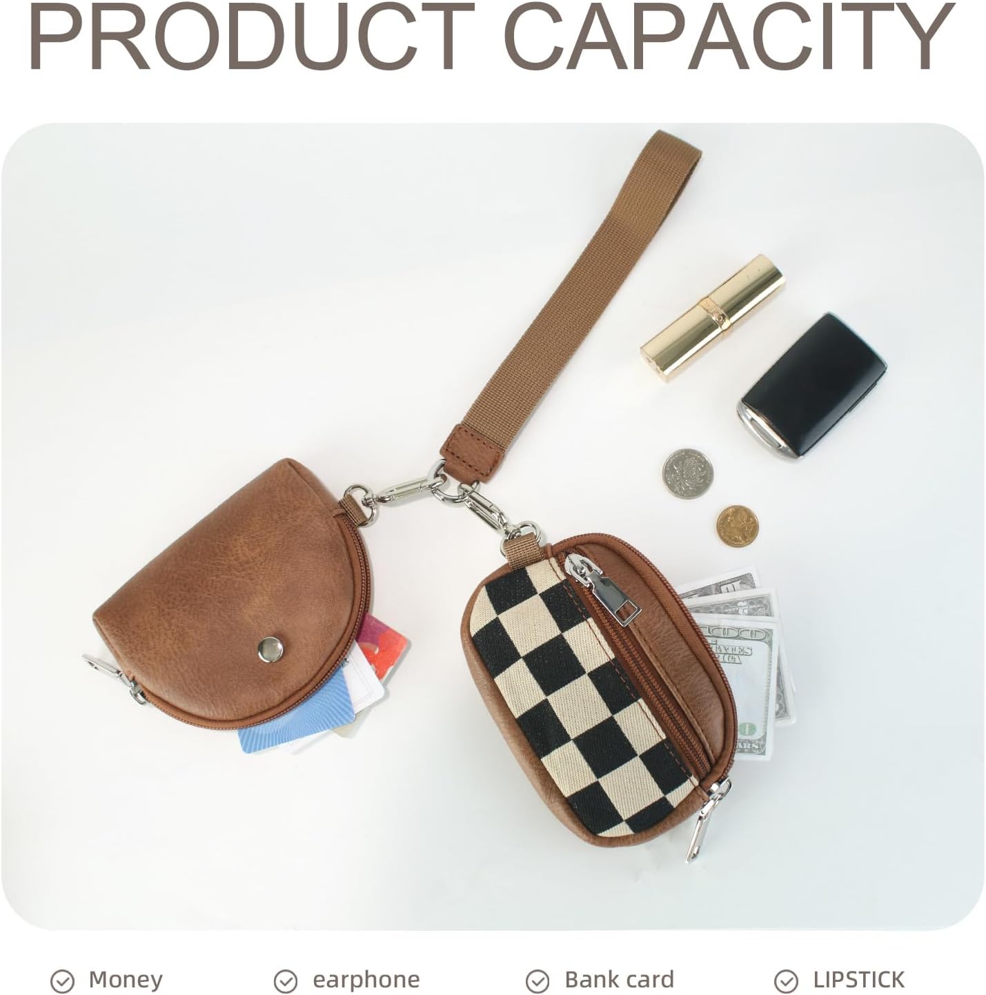 Checkered Keychain Wallet,Detachable Dual Pouch Wristlet Wallets for Women Men, Portable Mini Zip Around Coin Purse - Image 3