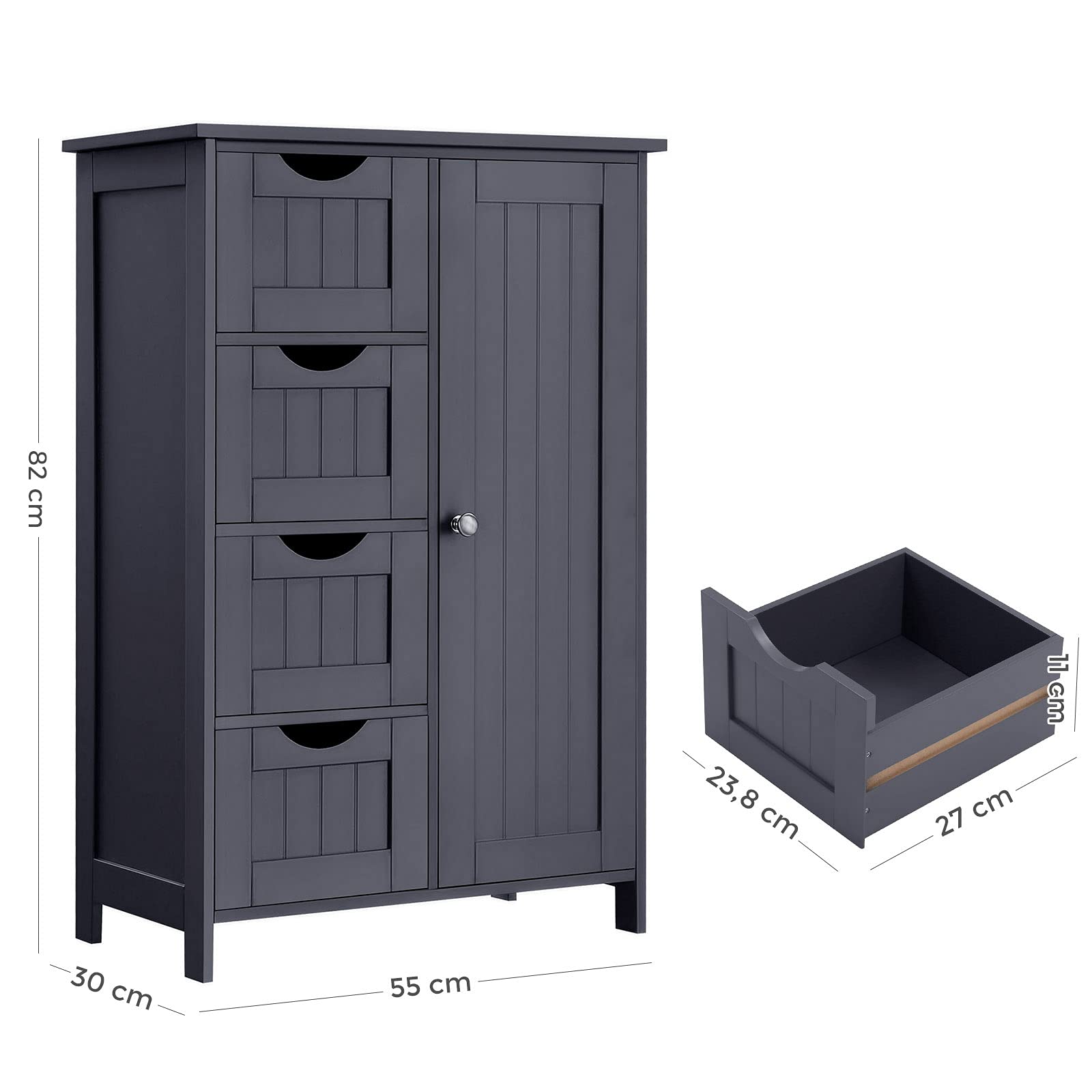 Yaheetech Badkamerkast, bijzetkast commode met 4 laden en kastdeur, verstelbaar rek, badkamerkast sideboard voor woonkamer, keuken, hal