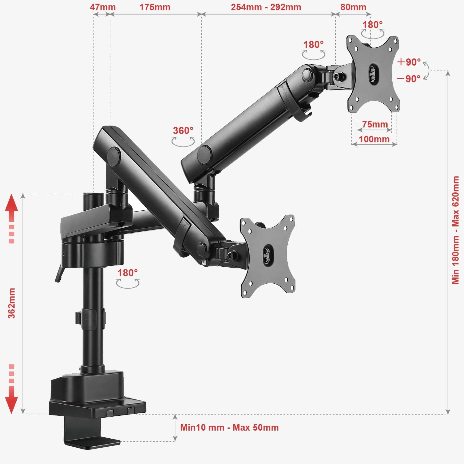 Supporto per monitor PUTORSEN 2 monitor per schermi da 17 a 35 pollici - Supporto da tavolo per monitor con molla a gas in alluminio, fino a 12 kg per braccio, VESA 75/100 mm