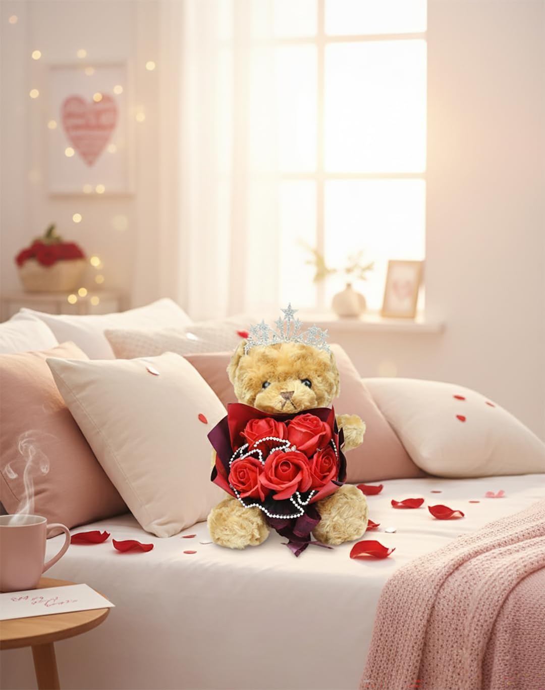 Emartbuy Valentine’s Teddy Bear with Red Rose Bouquet in Clear Gift Box - Romantic Luxury Bear Gift with Crown - Image 4