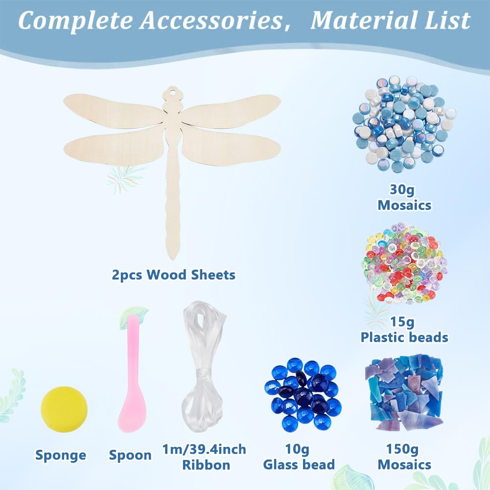 WEBEEDY 2 Sets DIY Mosaic Dragonfly Kit Creativity Dragonfly Mosaics Coaster with Wooden Bases,Glass Mosaic Tiles,Ribbon and Instruction for Adult Beginner Animal Home Hanging Wall Decor - Image 2