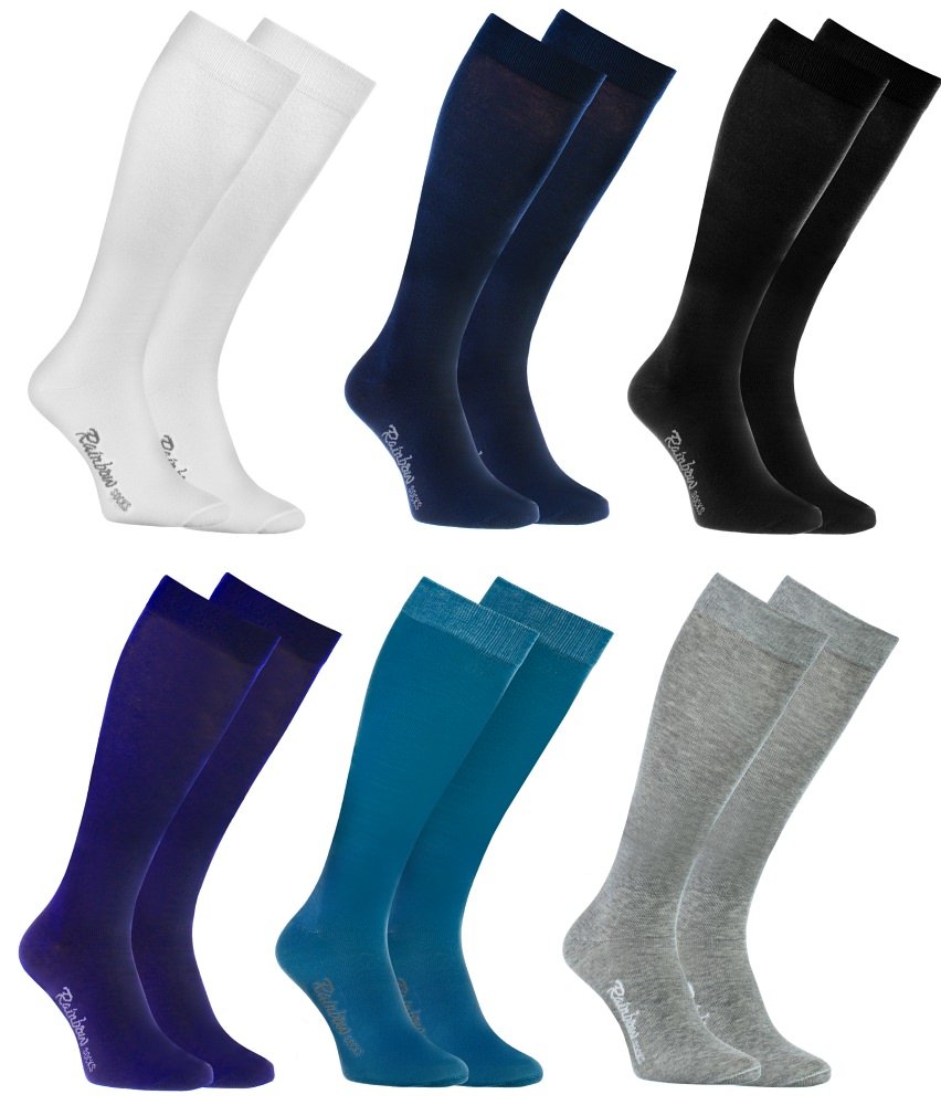 Rainbow Socks Hombre Mujer Altos Calcetines Largos Hasta de Rodilla de Algodón - 6 Pares - Blanco Gris Negro Azul Azul Marino Violeta - Talla