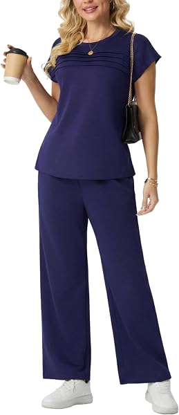 GRECERELLE Tuta da donna estiva da viaggio in due pezzi tuta da donna set completo a maniche corte casual girocollo manica ad aletta anteriore Plisse set abbinati pantaloni a gamba larga - 4